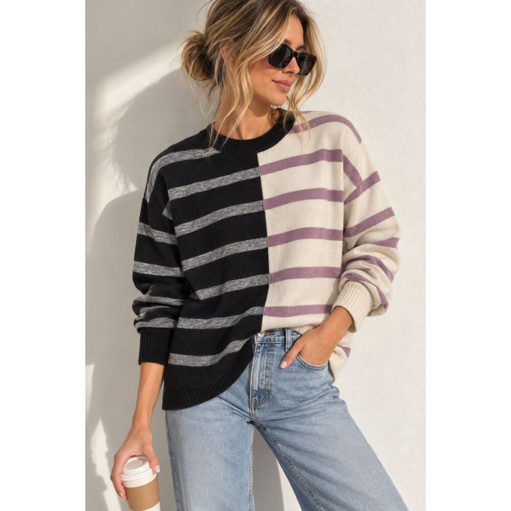 Hem & Thread Colorblock Striped Sweater Women’s S Black Gray Purple Oversized